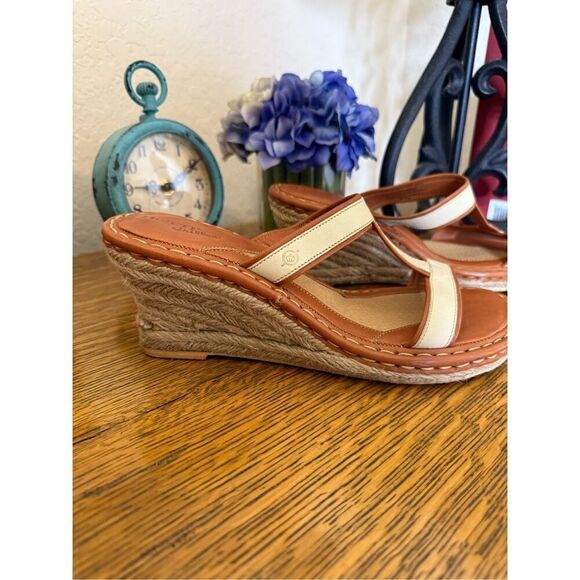 Born Drilles Camel & Ecru Lthr & Jute Wedge Sandals Sz9/9.5 NWOB Classic/Summer - Picture 3 of 14